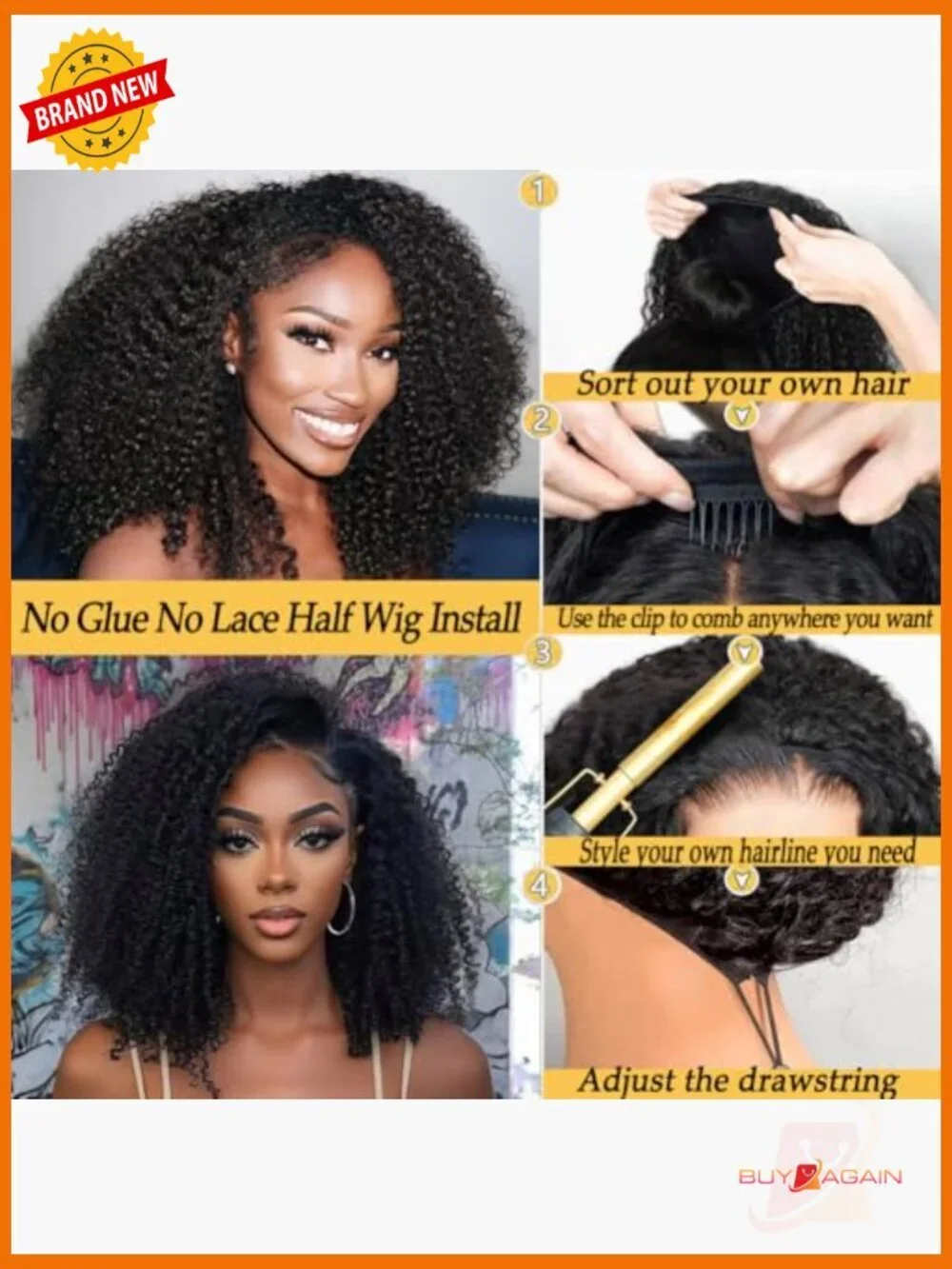 200% Density Kinky Curly Half Wig Human Hair Glueless 18in